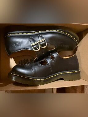 Dr. Martens Black Mary Jane Shoes with Yellow Stitching